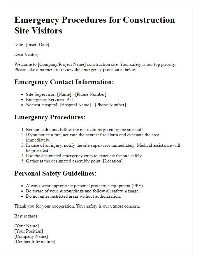 Letter template of emergency procedures for construction site visitors.