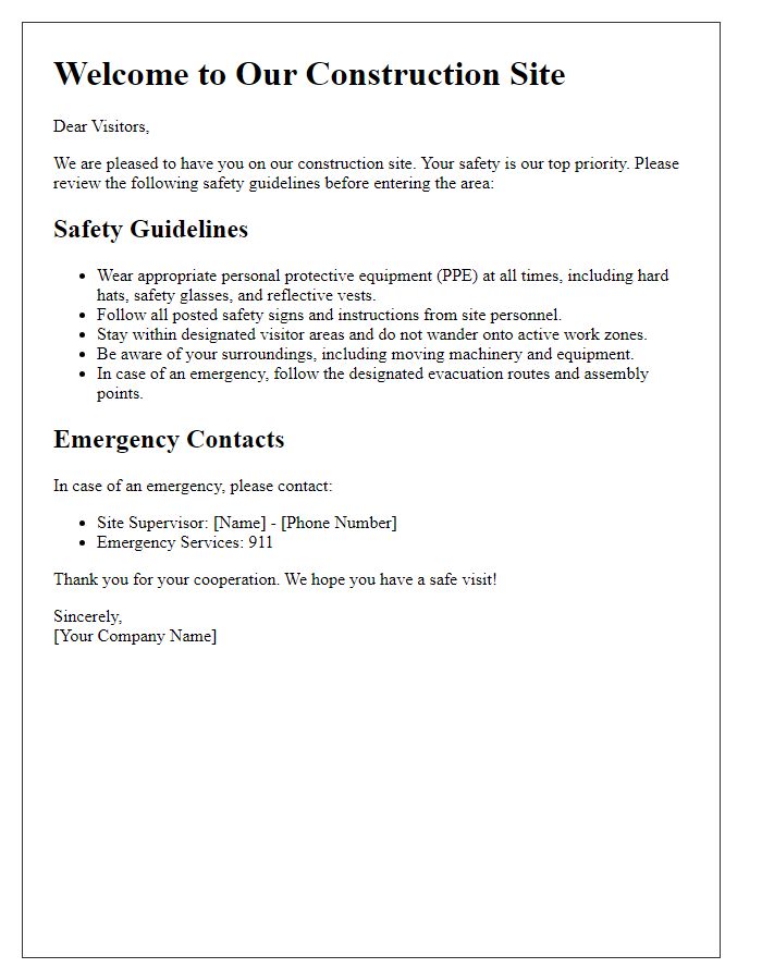 Letter template of safety brief for visitors at construction sites.