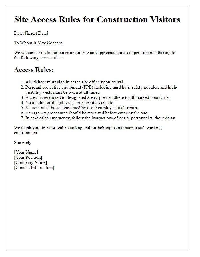 Letter template of site access rules for construction visitors.