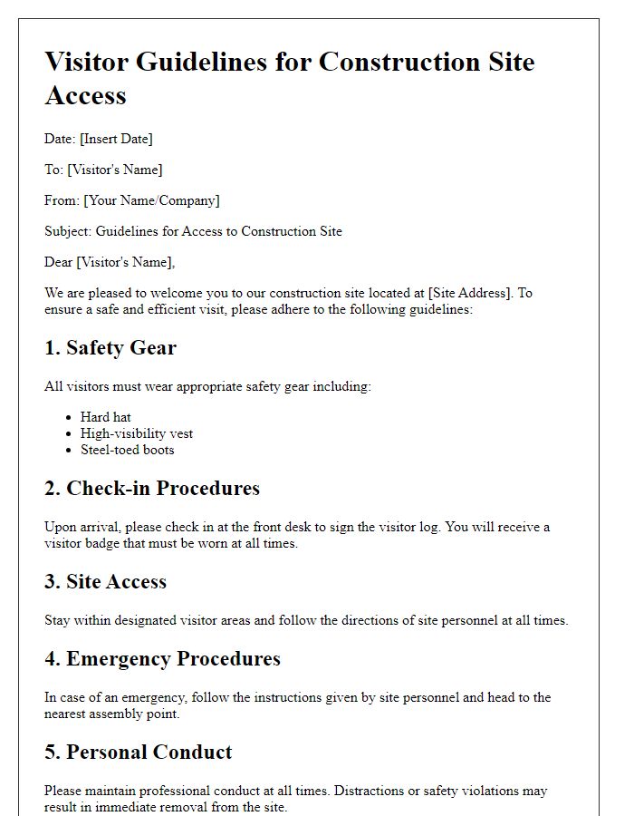 Letter template of visitor guidelines for construction site access.