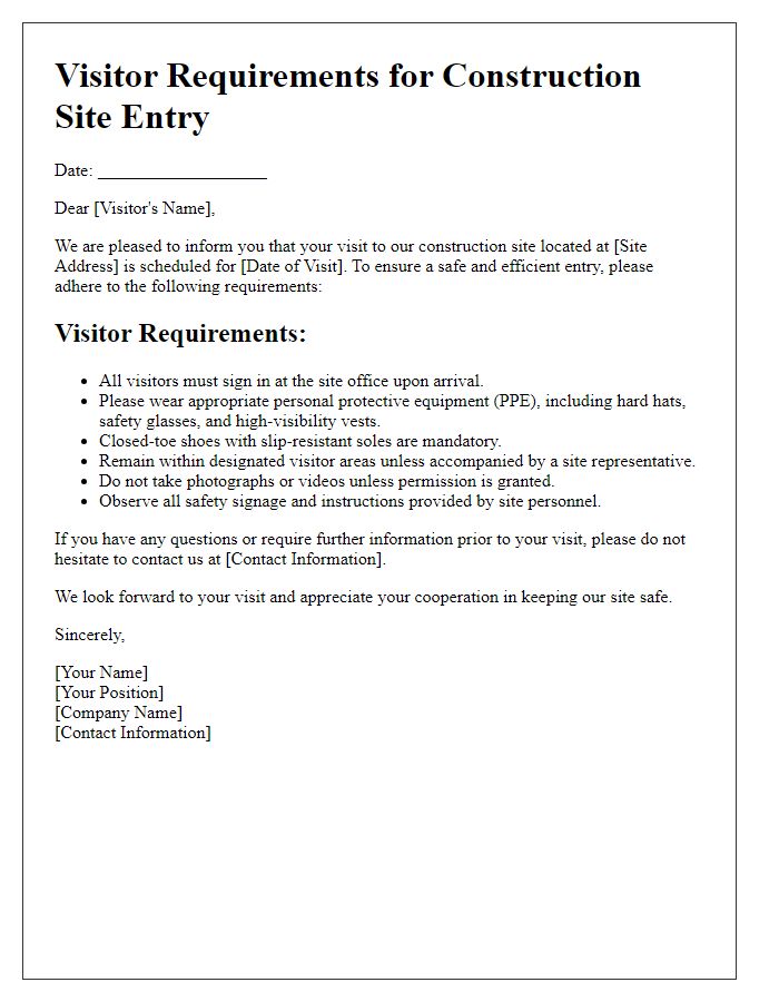 Letter template of visitor requirements for construction site entry.