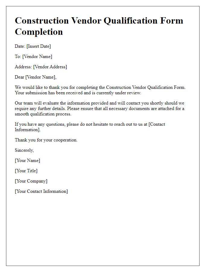 Letter template of construction vendor qualification form completion