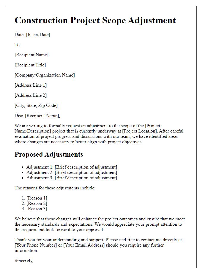 Letter template of construction project scope adjustment