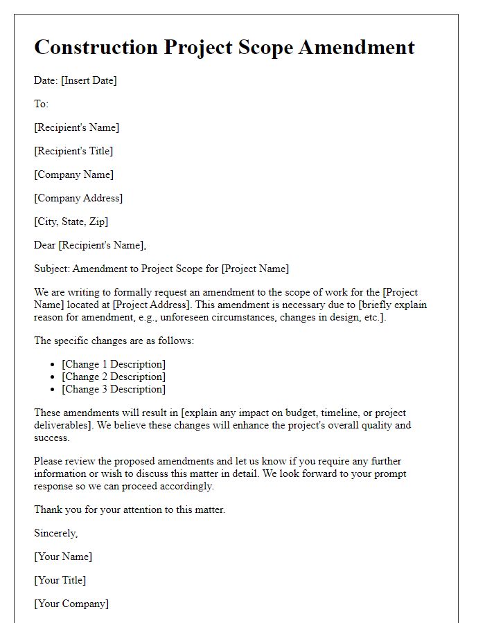 Letter template of construction project scope amendment