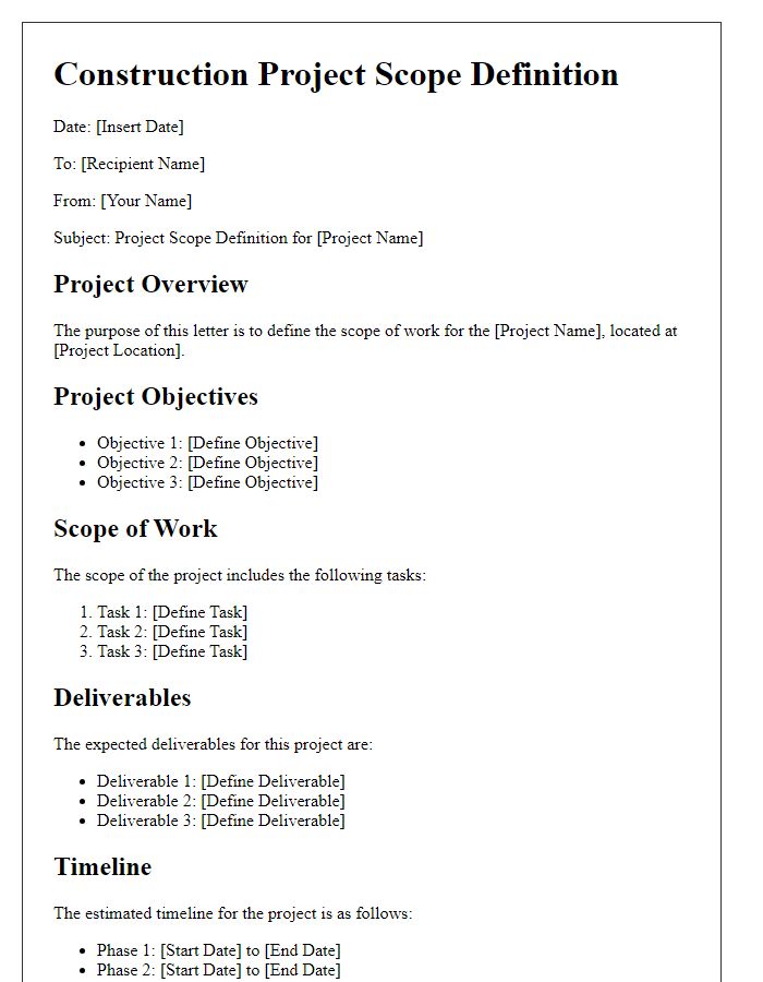 Letter template of construction project scope definition