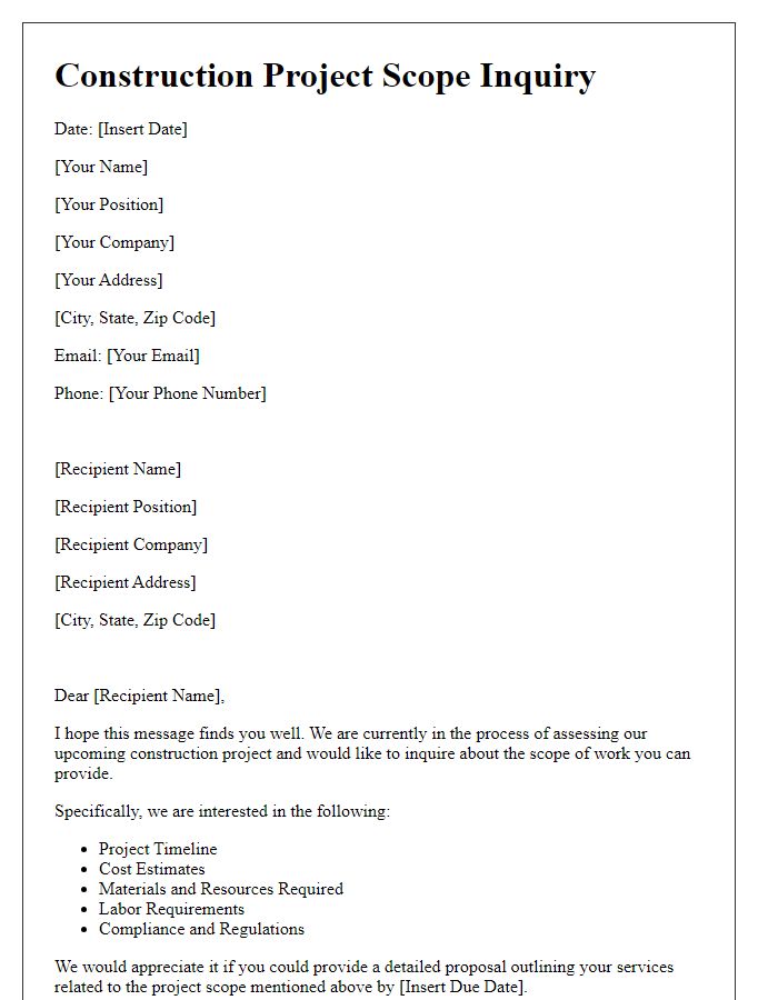 Letter template of construction project scope inquiry