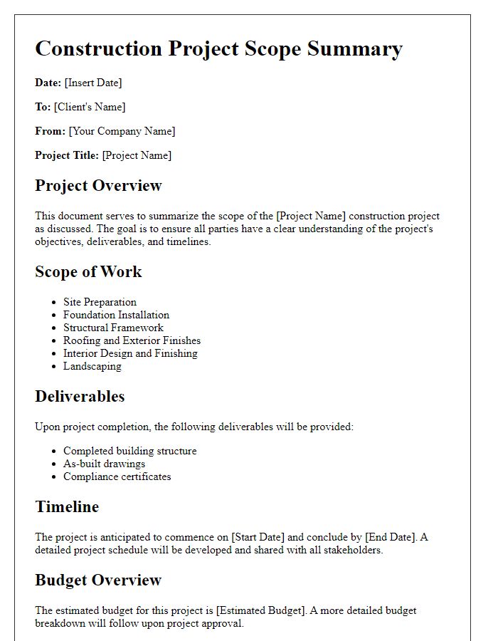 Letter template of construction project scope summary