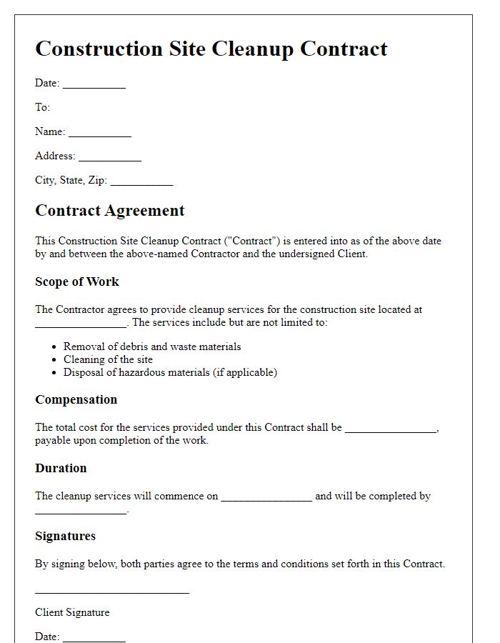 Letter template of construction site cleanup contract