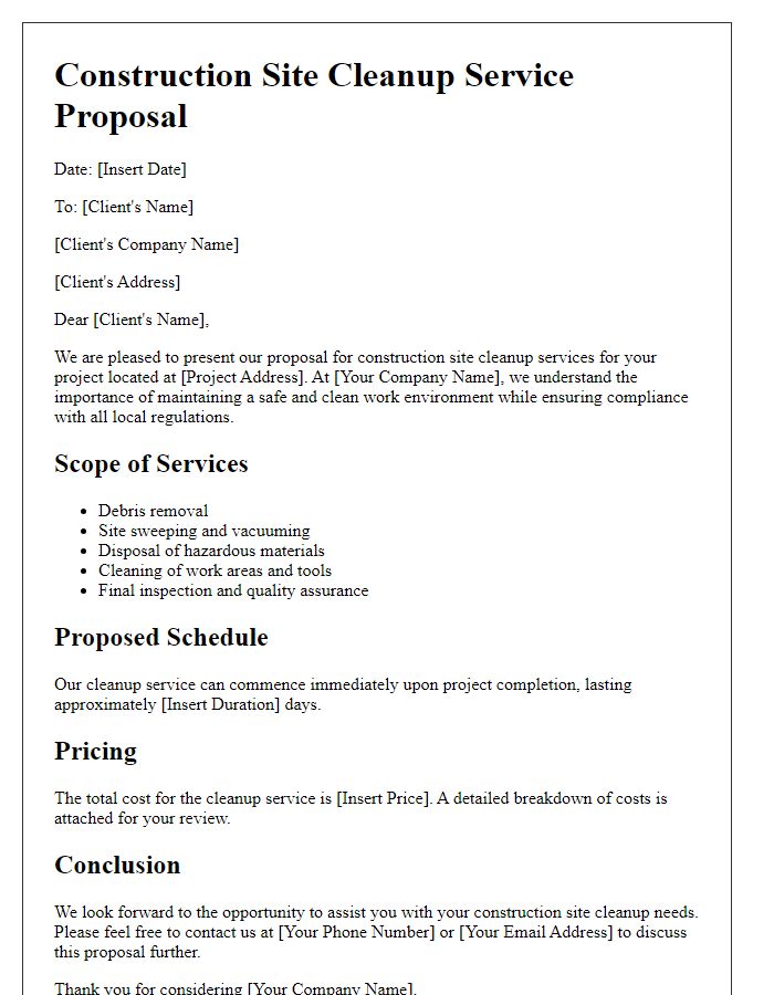 Letter template of construction site cleanup service proposal