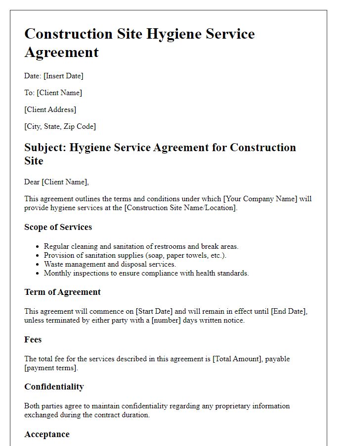 Letter template of construction site hygiene service agreement