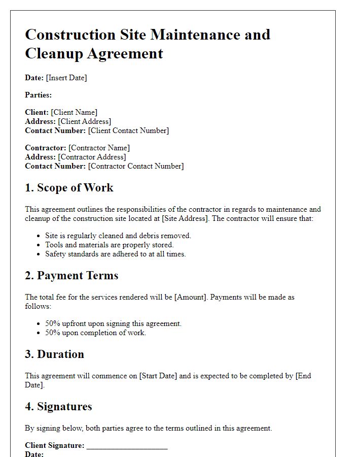 Letter template of construction site maintenance and cleanup agreement