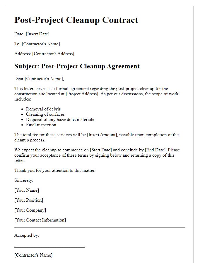 Letter template of construction site post-project cleanup contract