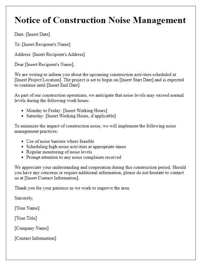 Letter template of construction noise management communication