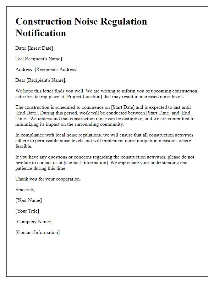 Letter template of construction noise regulation notification