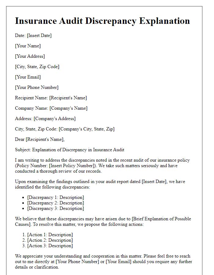 Letter template of insurance audit discrepancy explanation