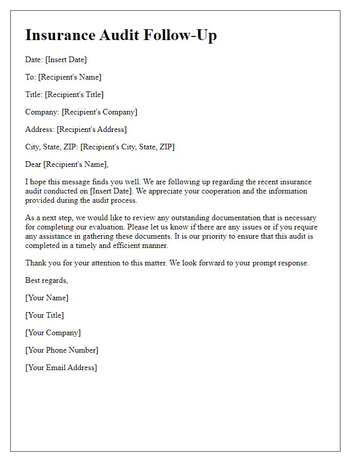 Letter template of insurance audit follow-up communication