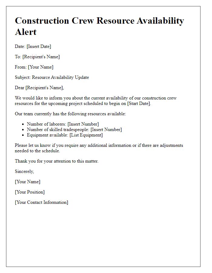 Letter template of construction crew resource availability alert