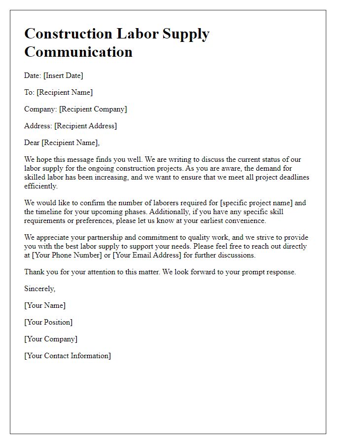 Letter template of construction labor supply concern communication