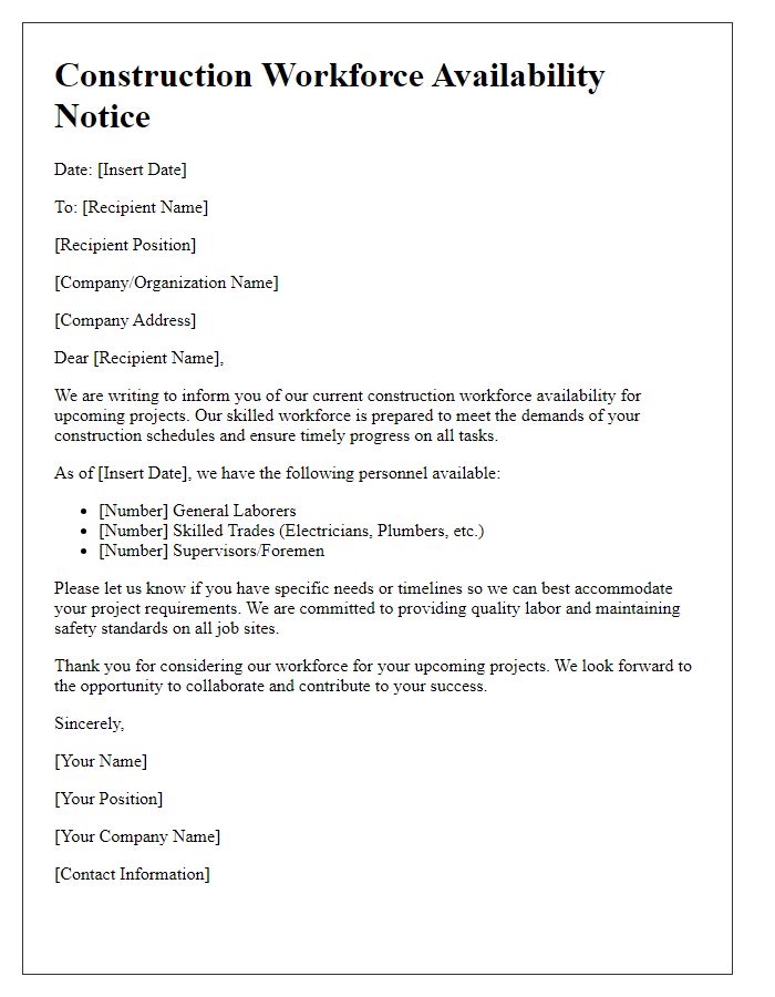 Letter template of construction workforce availability notice