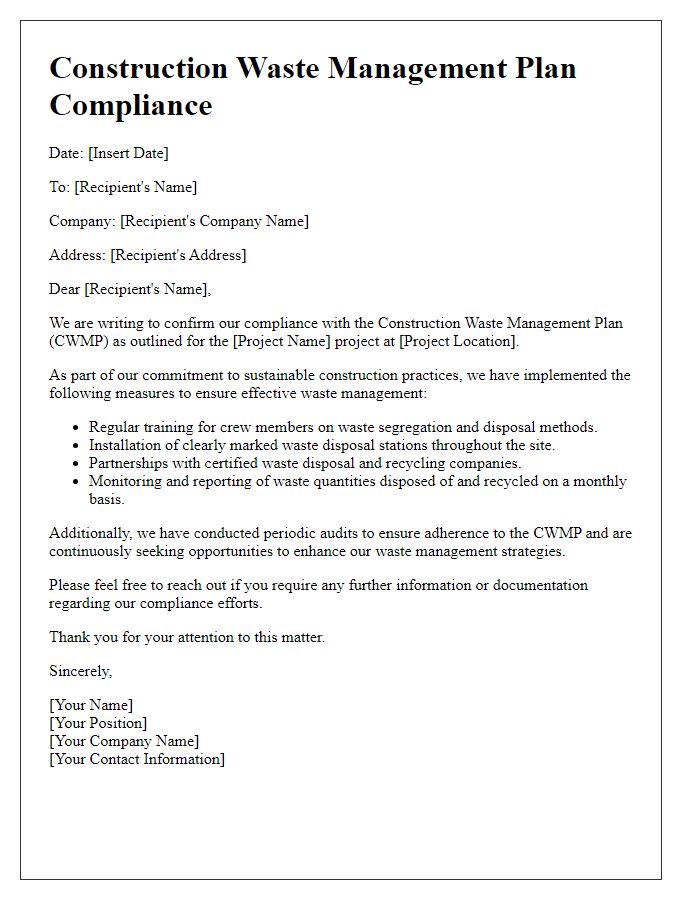 Letter template of construction waste management plan compliance