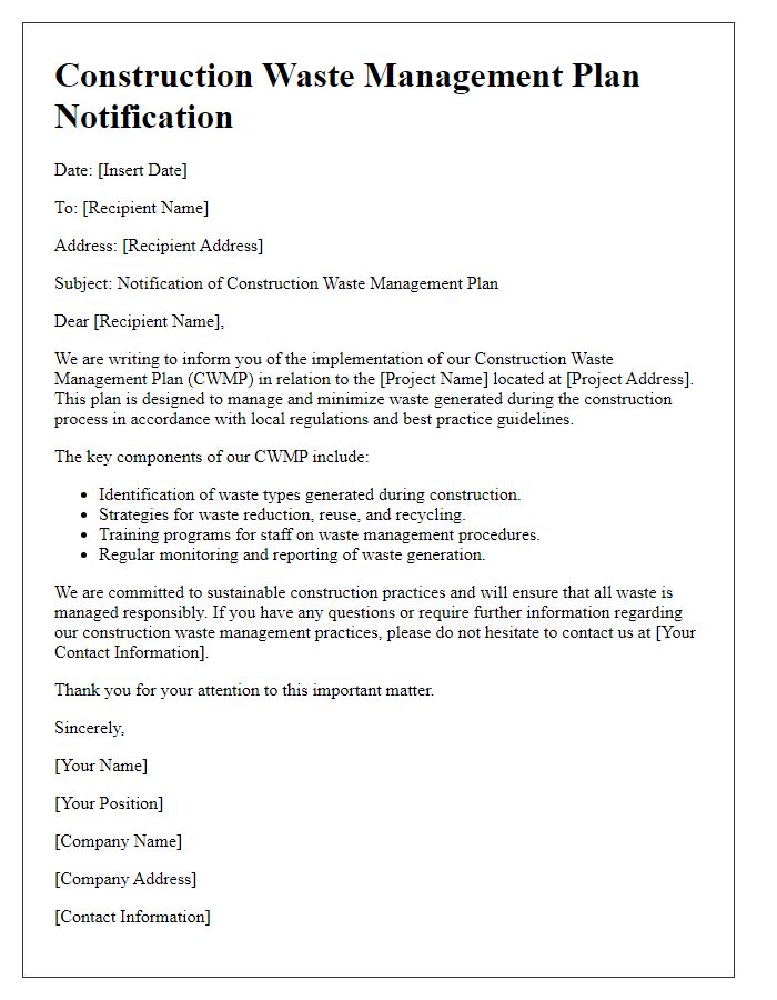 Letter template of construction waste management plan notification