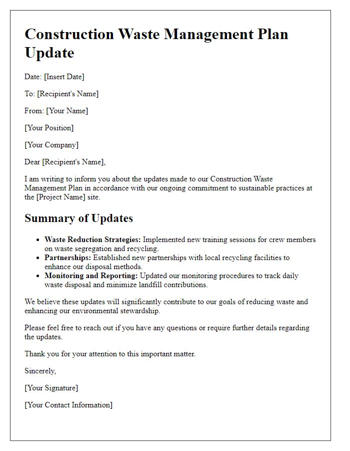 Letter template of construction waste management plan update