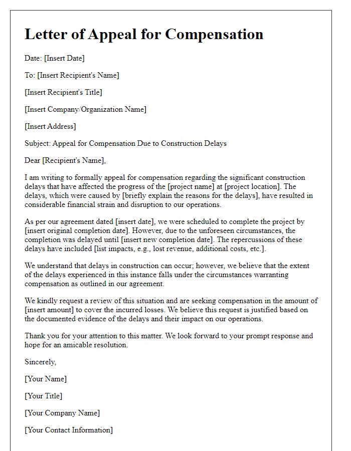 Letter template of appeal for compensation stemming from construction delays