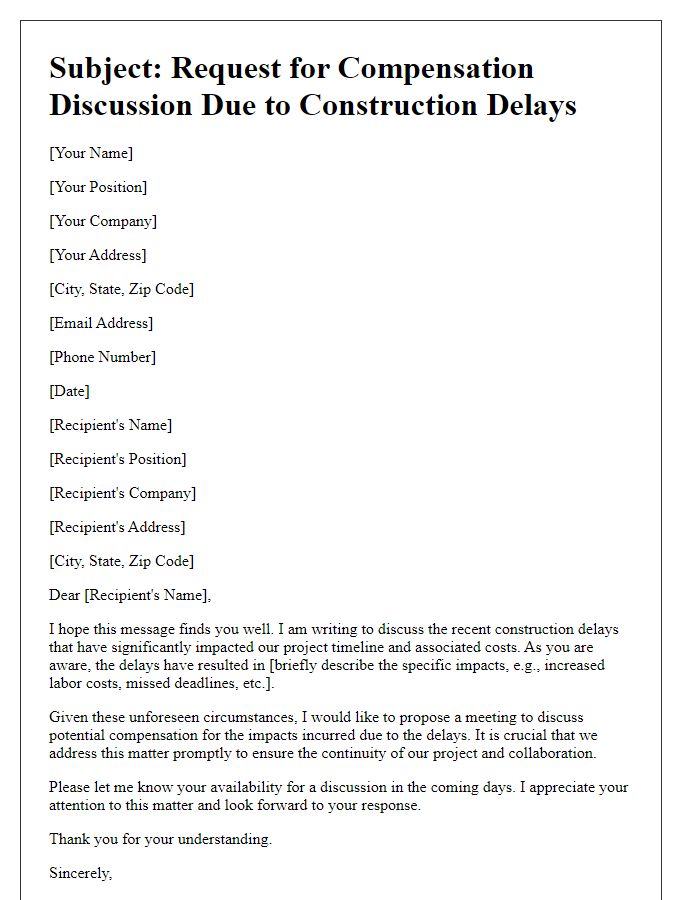 Letter template of compensation discussion for impacts of construction delays