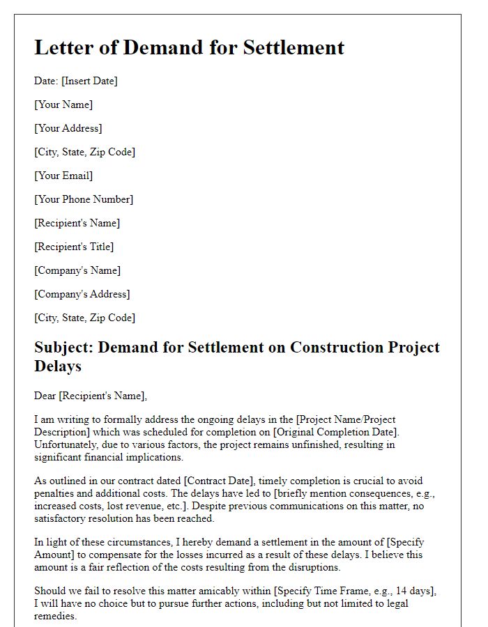 Letter template of demand for settlement on construction project delays