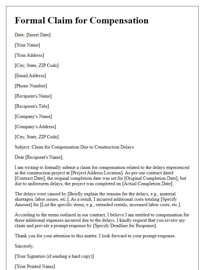 Letter template of formal claim for compensation related to construction delays