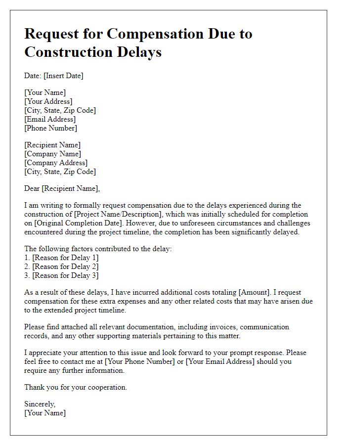 Letter template of request for compensation due to construction delays