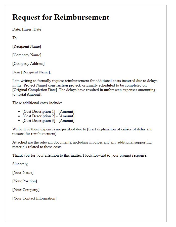 Letter template of request for reimbursement due to construction project delays