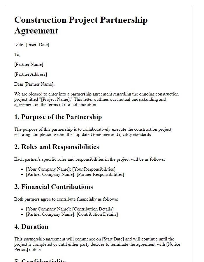 Letter template of ongoing construction project partnership agreement.