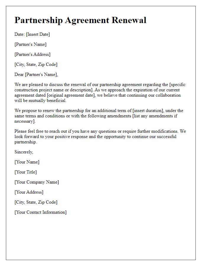 Letter template of partnership agreement renewal for construction project.