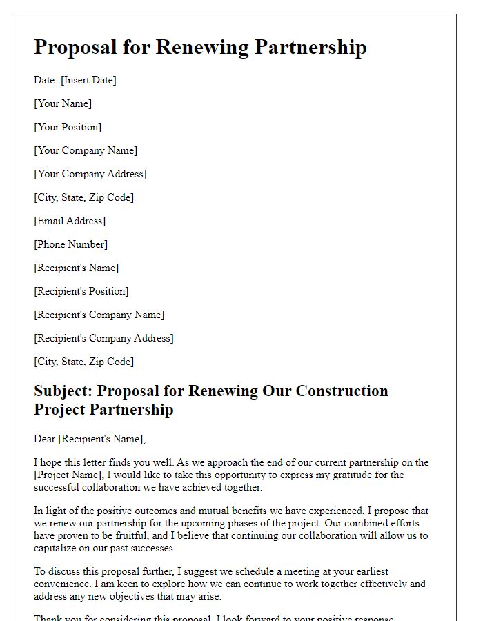 Letter template of proposal for renewing construction project partnership.