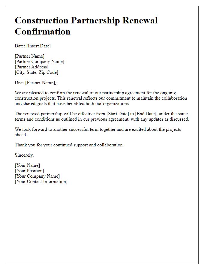 Letter template of renewal confirmation for construction partnership.