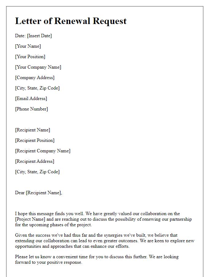 Letter template of renewal request for construction project collaboration.