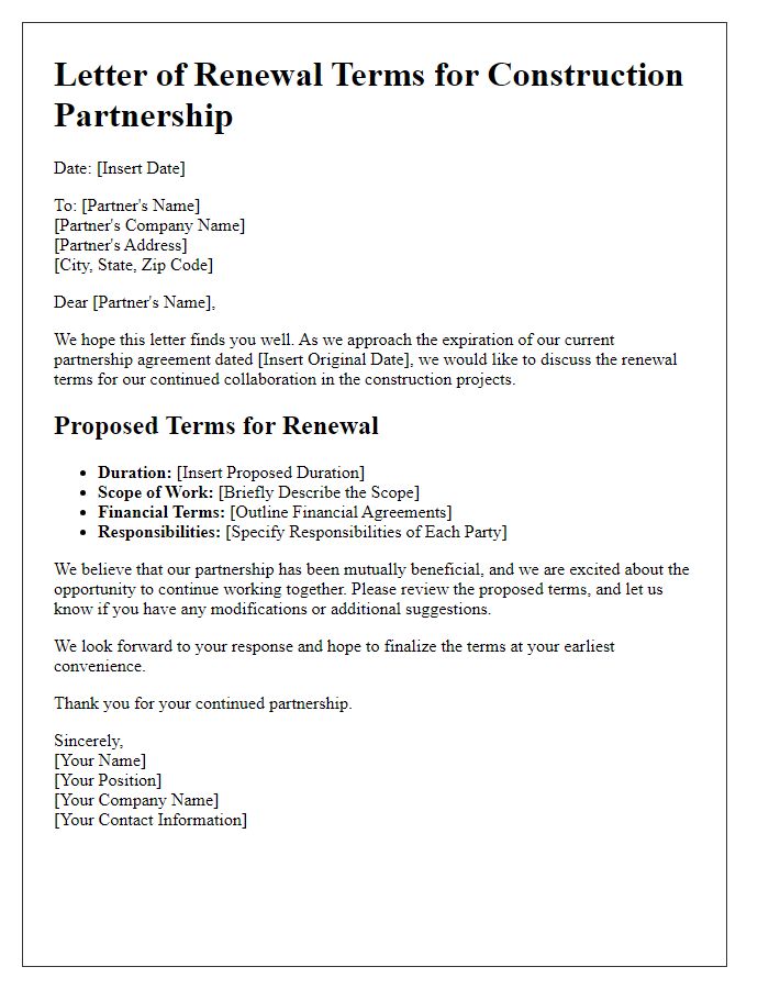 Letter template of renewal terms for construction partnership.