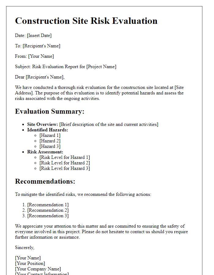 Letter template of construction site risk evaluation