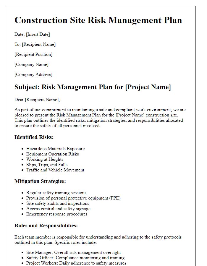 Letter template of construction site risk management