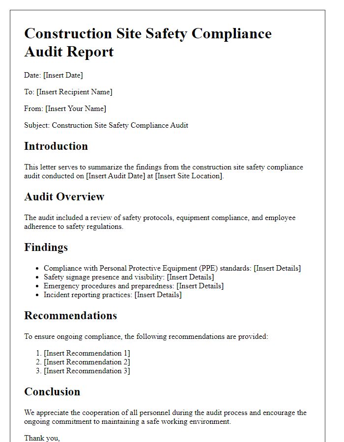 Letter template of construction site safety compliance audit