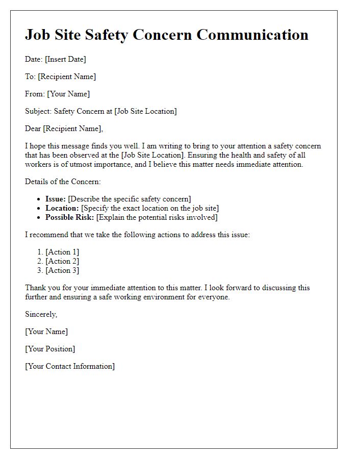 Letter template of job site safety concern communication