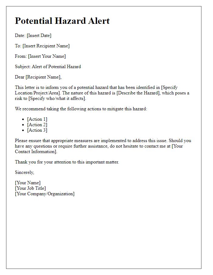 Letter template of potential hazard alert