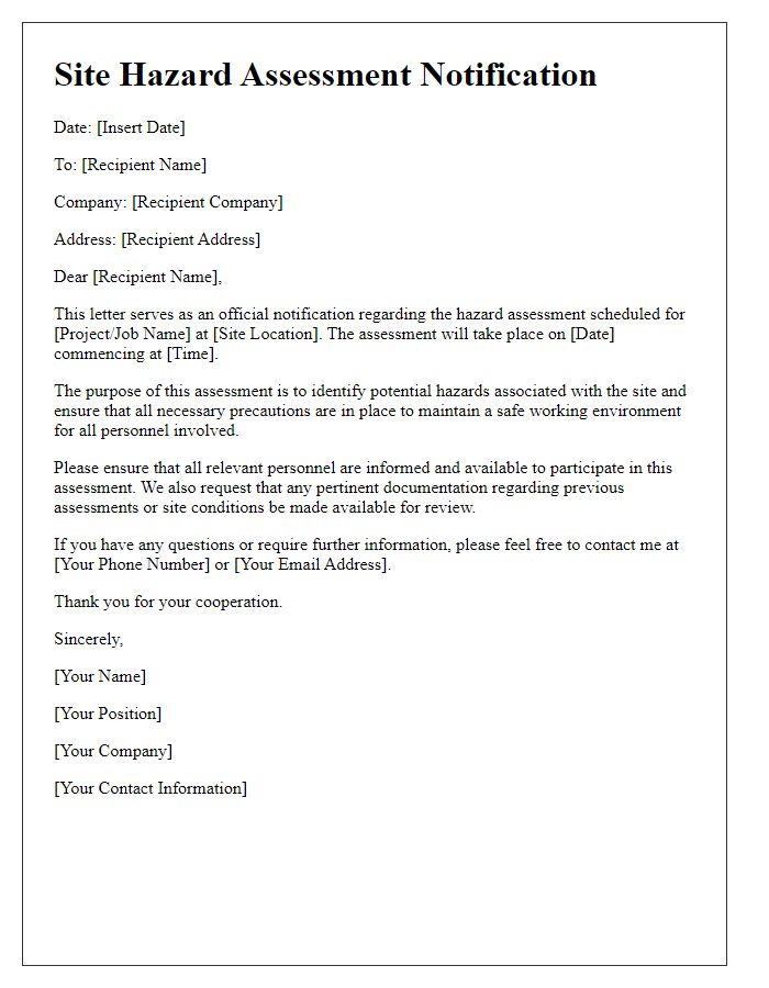 Letter template of site hazard assessment notification