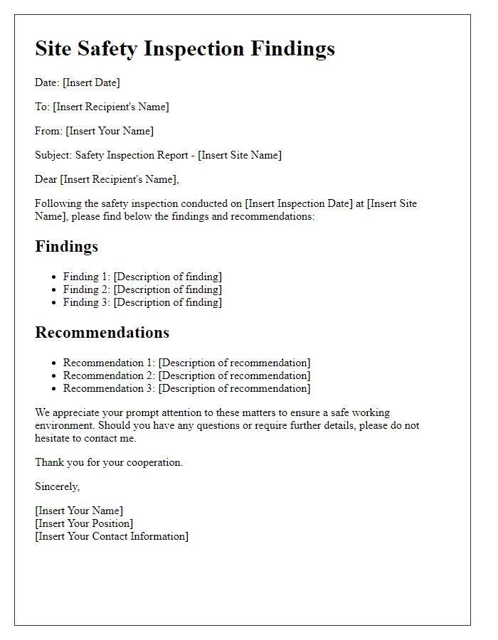 Letter template of site safety inspection findings