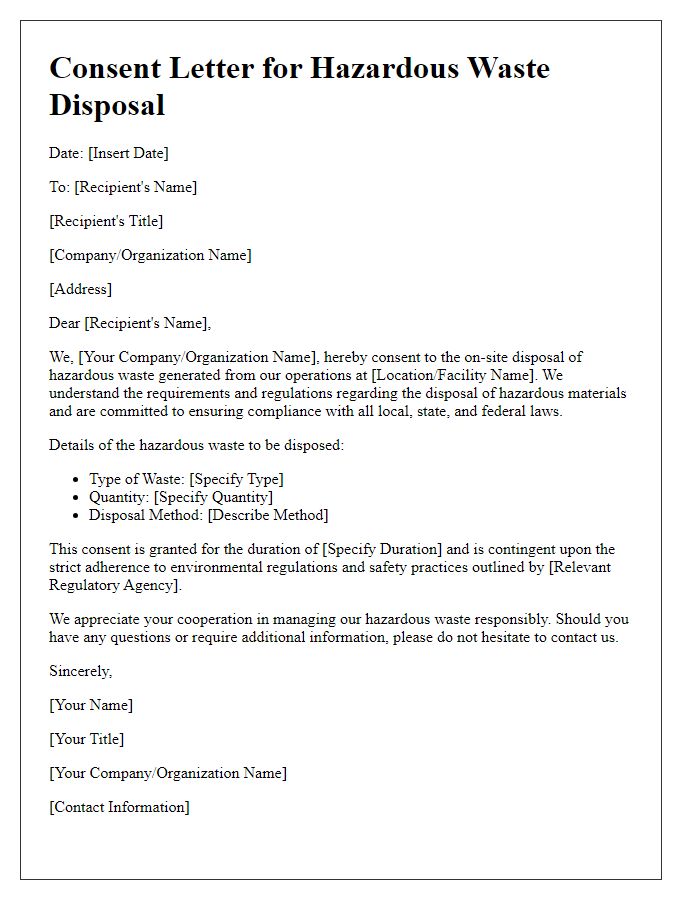 Letter template of consent for hazardous waste disposal on-site