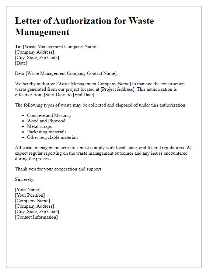 Letter template of construction site waste management authorization