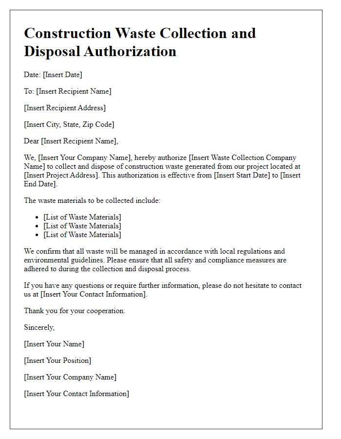 Letter template of construction waste collection and disposal authorization