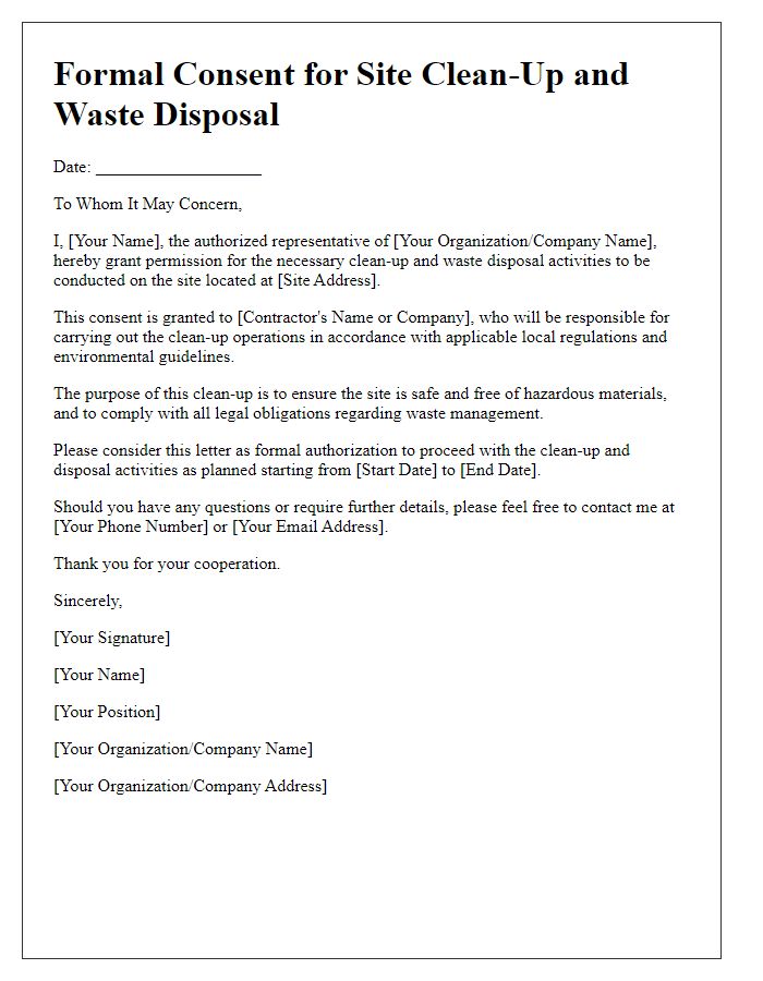 Letter template of formal consent for site clean-up and waste disposal