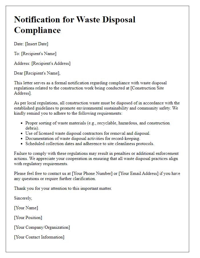 Letter template of notification for waste disposal compliance in construction